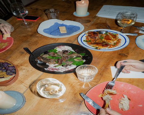 Simple homemade dinner with water on the table